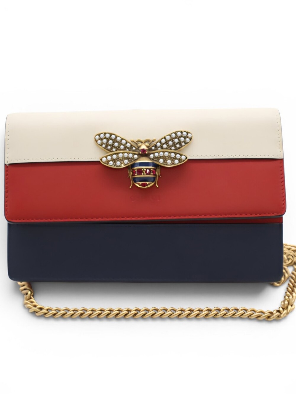 Gucci Queen Bee Embellished Leather Crossbody Bag Tri Color